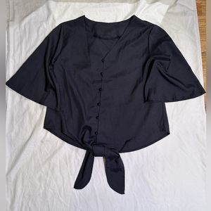 Black Satin Button Up Blouse with Tie Detail.